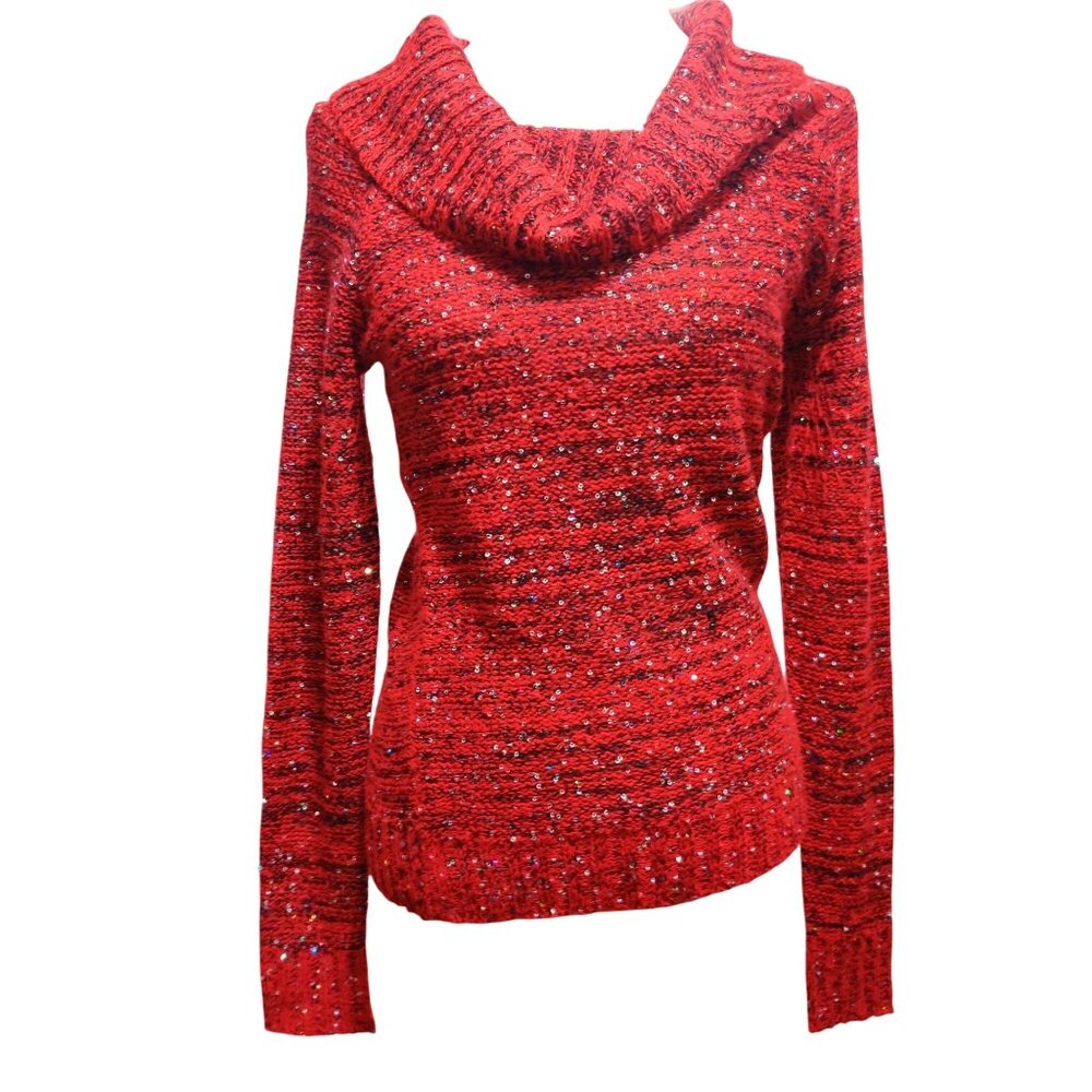 No Boundaries M Red Sequin Cowl Neck Sweater Shimmer Knit Off Shoulder Holiday